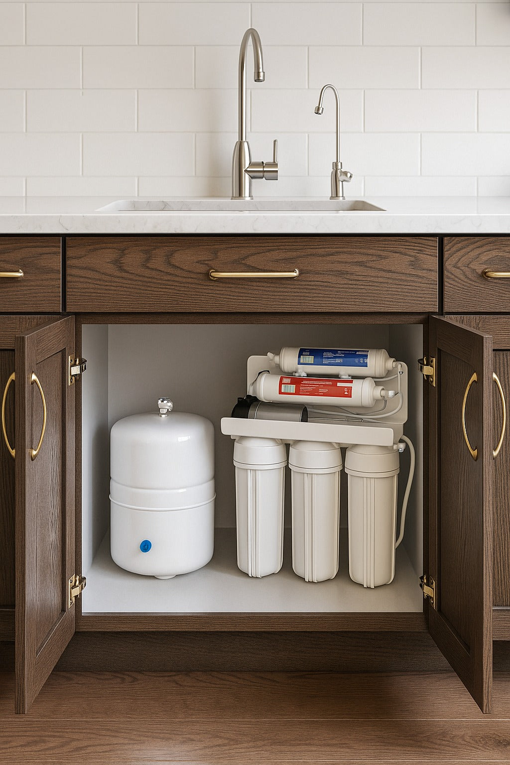 Purificador de agua por ósmosis inversa DVIGI OSMO PURE instalado bajo mesada